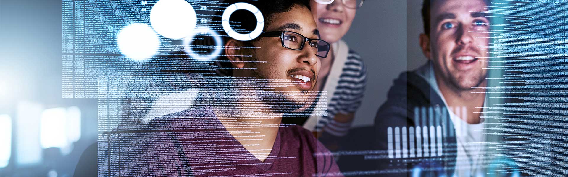 Three people looking at holographic code