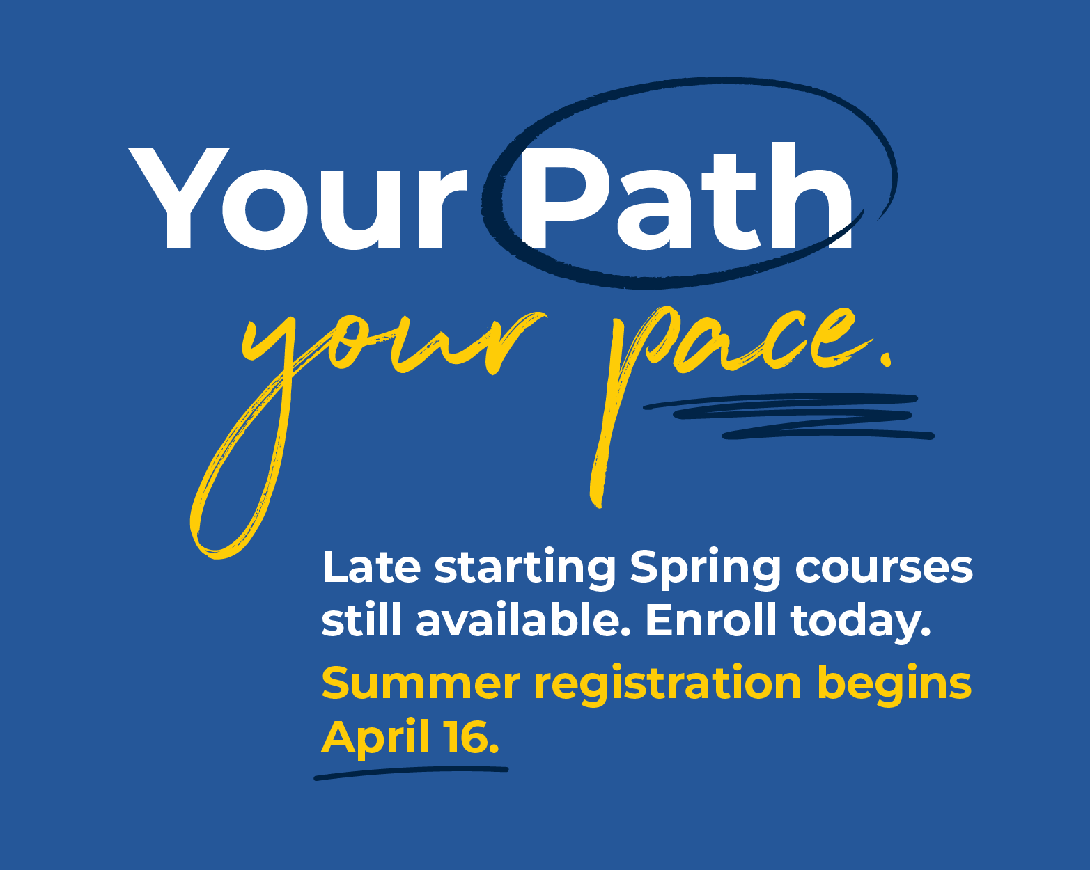 Your Path. Your Pace. Late starting Winter courses still available. Enroll today. Spring registration begins January 15.